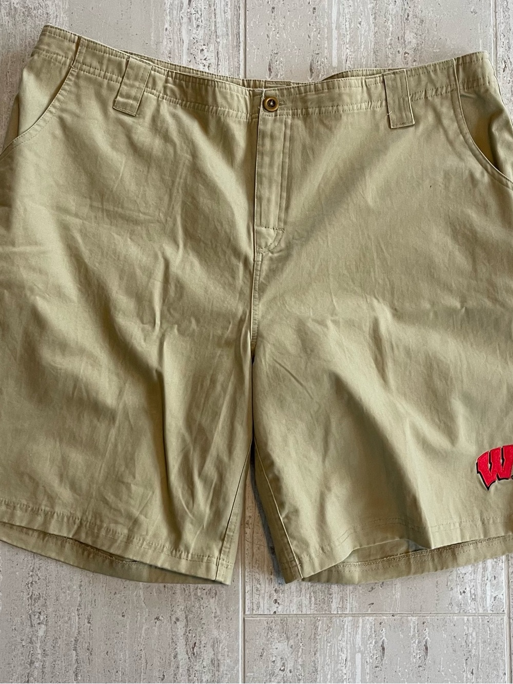NCAA Tan Green Flat Front Shorts with Red Logo